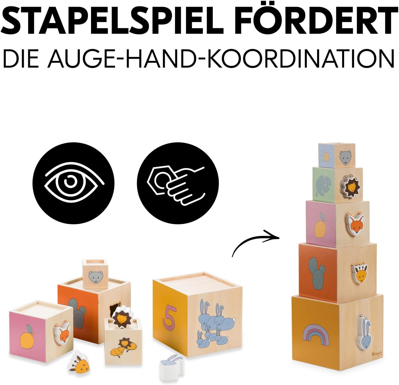 Hauck Stapelturm aus Holz – Motorikspielzeug ab 1 Jahr, lernspiel zum Zählen und Farben erkennen