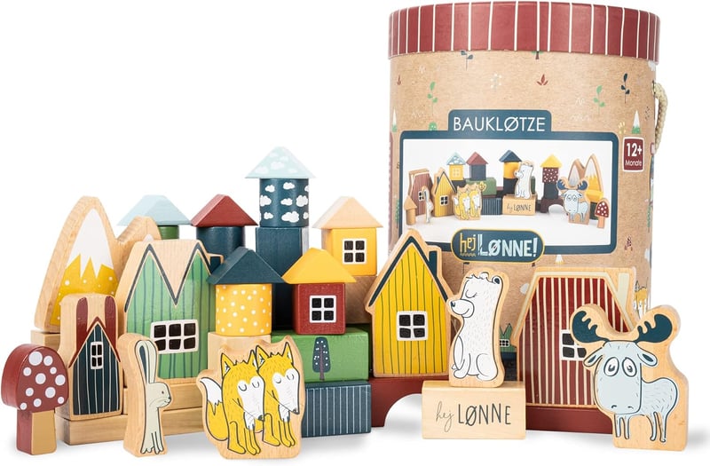 Holzbausteine 56 Teile in Box – Motorikspielzeug für Kinder ab 1 Jahr