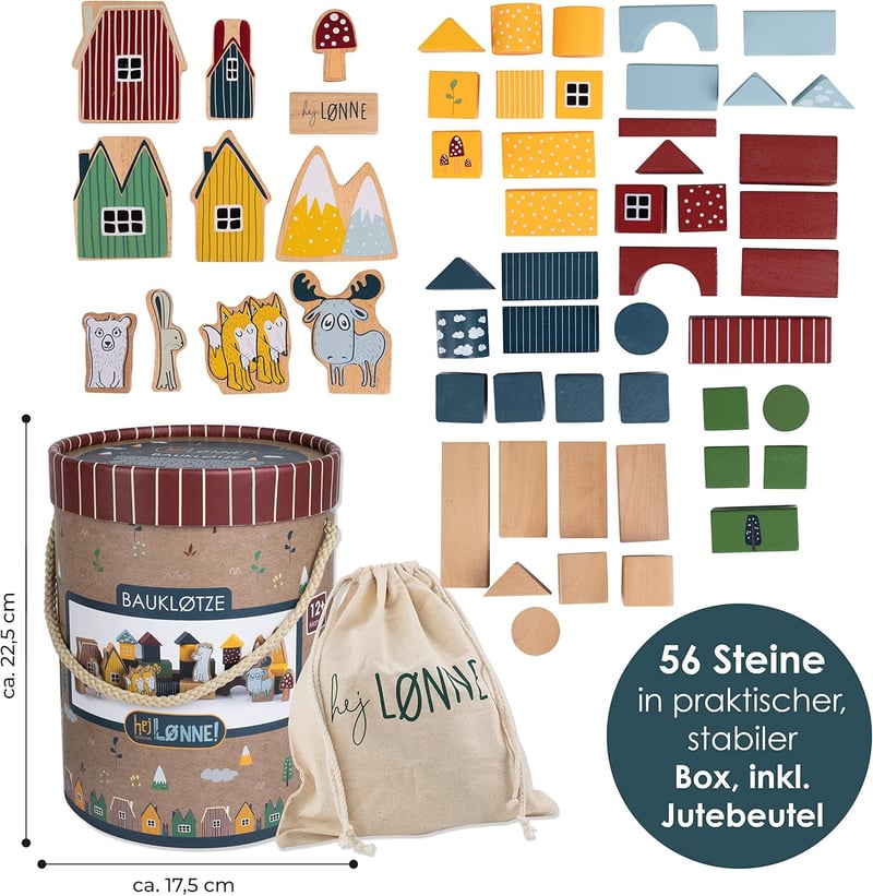 Holzbausteine 56 Teile in Box – Motorikspielzeug für Kinder ab 1 Jahr