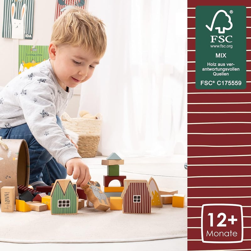Holzbausteine 56 Teile in Box – Motorikspielzeug für Kinder ab 1 Jahr