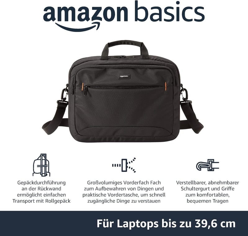 Kompakte Laptoptasche bis 15,6 Zoll, Schwarz mit Zubehörfächern