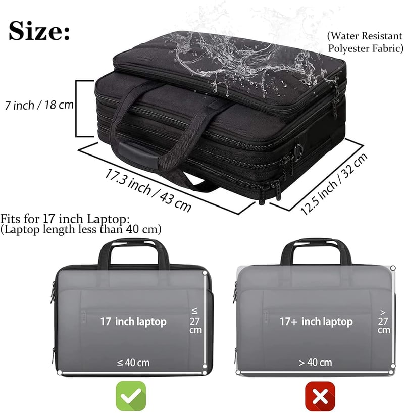 Erweiterbare 17 Zoll Laptoptasche für Herren und Damen, schwarz, wasserdicht
