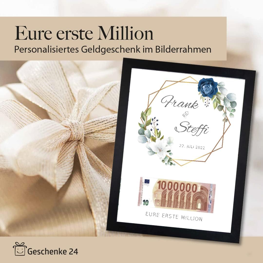 Personalisierter Bilderrahmen zur Hochzeit für Geldgeschenke, DIN A3, mit blauen Blumen