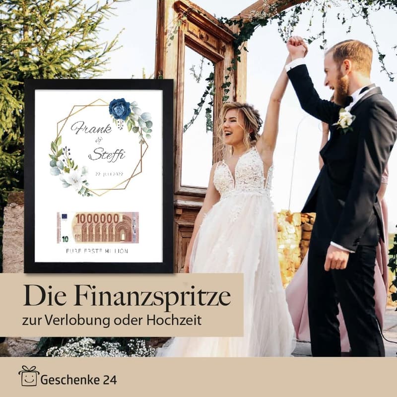 Personalisierter Bilderrahmen zur Hochzeit für Geldgeschenke, DIN A3, mit blauen Blumen