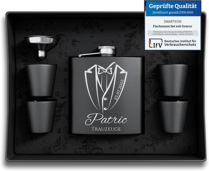 Edelstahl Flachmann Set mit Gravur - Hochzeitsgeschenk für Männer