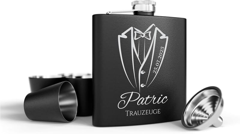 Edelstahl Flachmann Set mit Gravur - Hochzeitsgeschenk für Männer