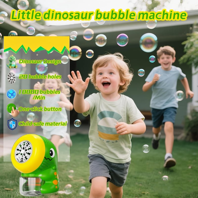 Dinosaurier Seifenblasenmaschine für Kinder – 20 Blasenlöcher, 10000+ Blasen/Min