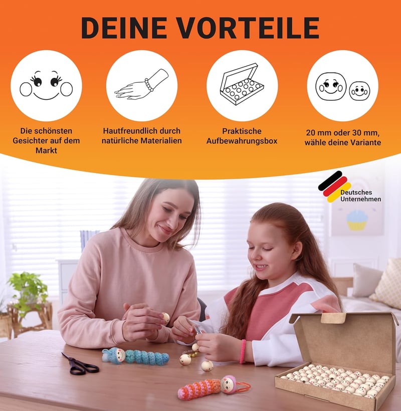 Holzperlen mit Gesicht 20mm – DIY Perlen für Sorgenwürmchen (60 Stück)