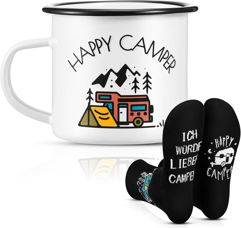 Lustiges Camping Geschenkset: Emailletasse und Camper Socken