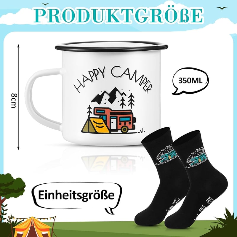 Lustiges Camping Geschenkset: Emailletasse und Camper Socken