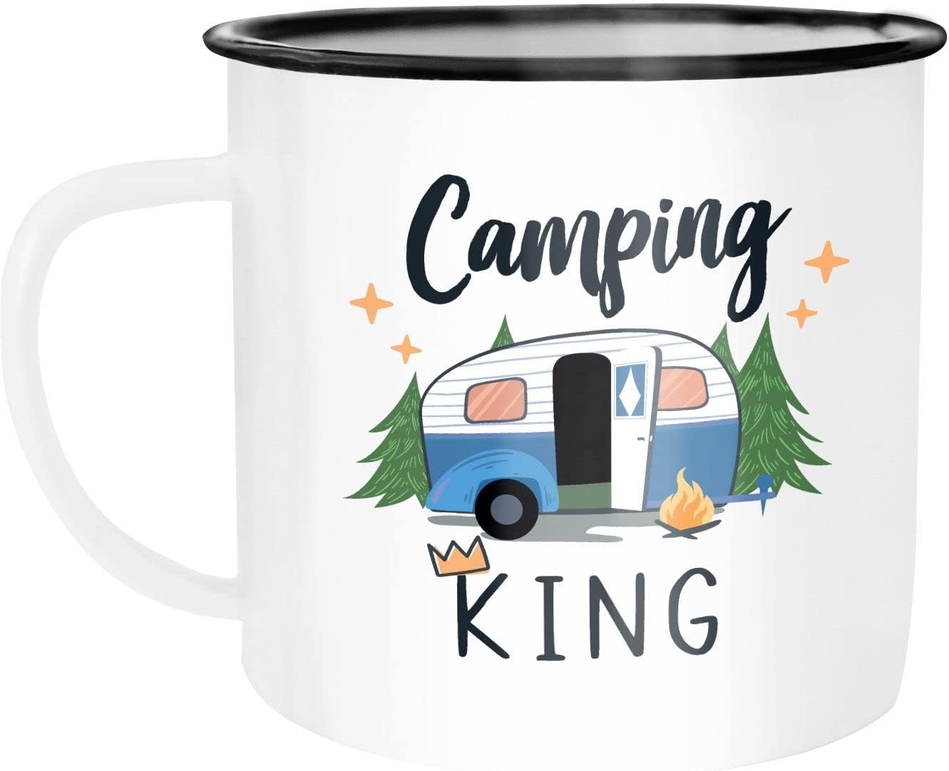 Camping Queen Emaille-Tasse für Camper – Geschenk in Weiß-Schwarz