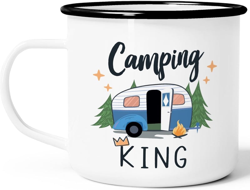 Camping Queen Emaille-Tasse für Camper – Geschenk in Weiß-Schwarz