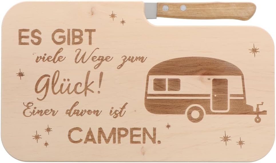 Holz-Brotzeitbrett mit Messer „Es gibt viele Wege zum Glück…“ für Camper