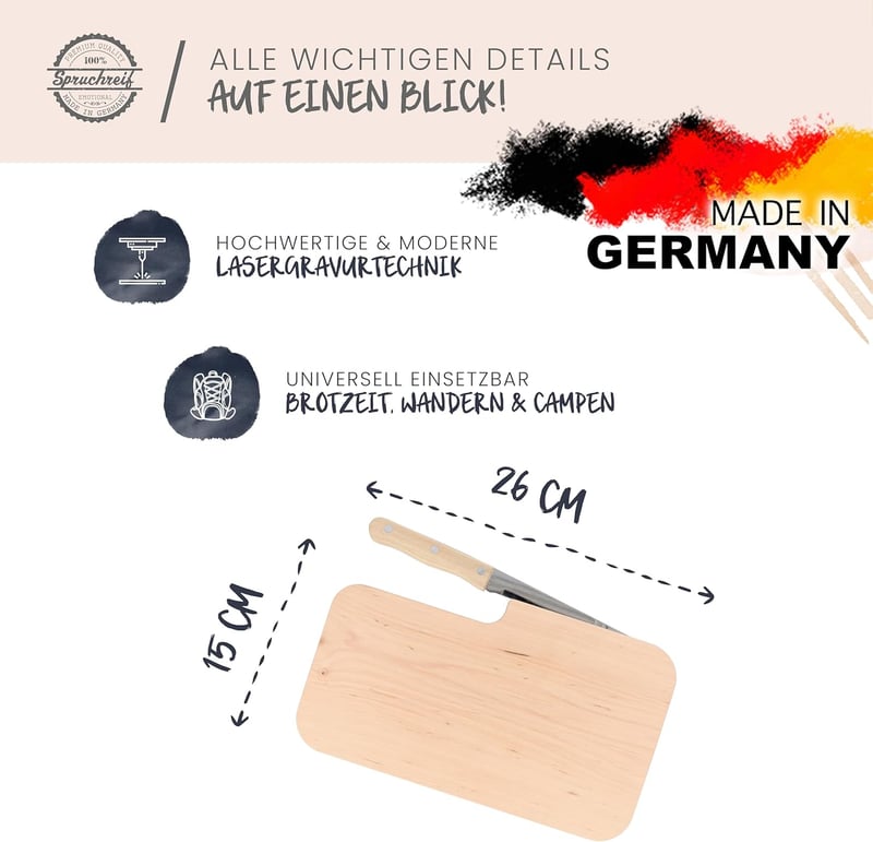 Holz-Brotzeitbrett mit Messer „Es gibt viele Wege zum Glück…“ für Camper