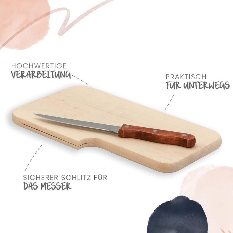 Holz-Brotzeitbrett mit Messer „Es gibt viele Wege zum Glück…“ für Camper