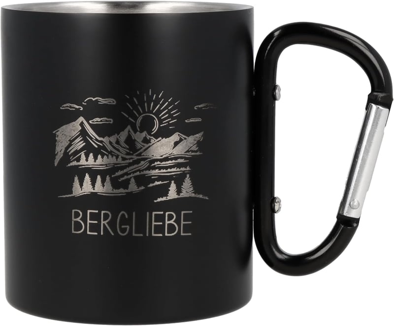 Edelstahltasse mit Karabinerhaken „Bergliebe“ – Geschenk für Camper und Wanderer