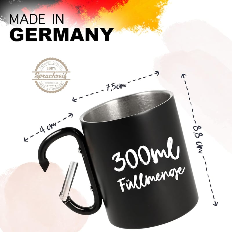 Edelstahltasse mit Karabinerhaken „Bergliebe“ – Geschenk für Camper und Wanderer