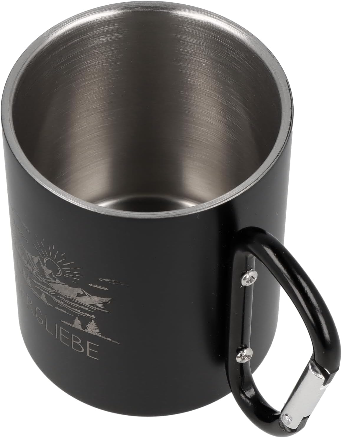 Edelstahltasse mit Karabinerhaken „Bergliebe“ – Geschenk für Camper und Wanderer
