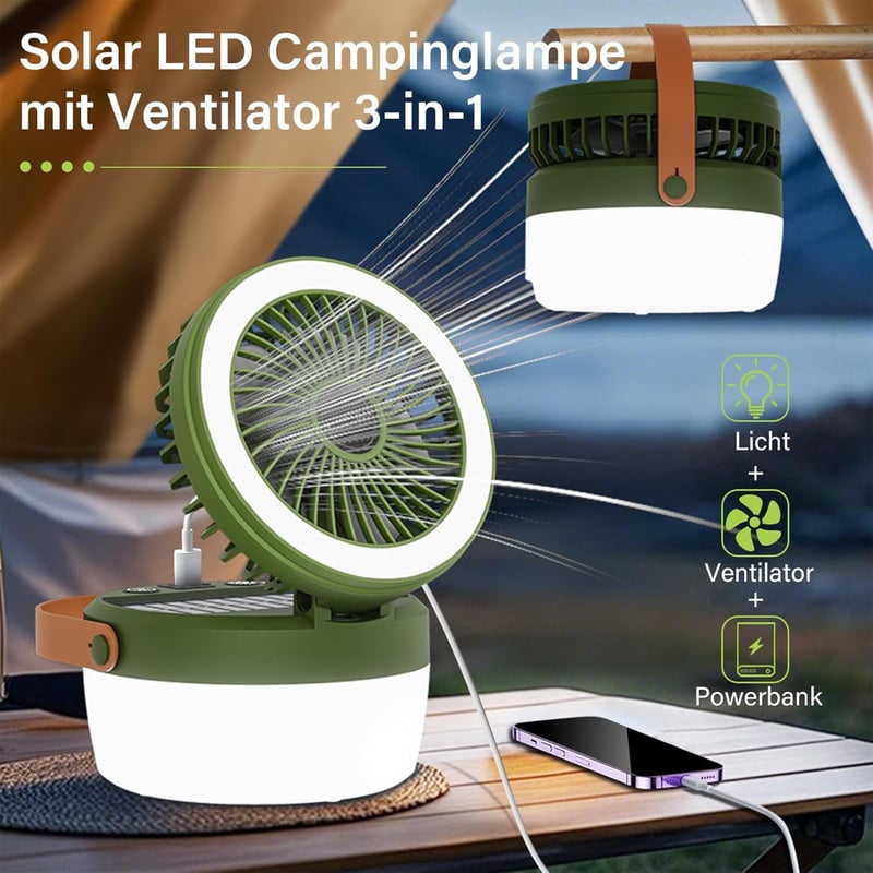 Dimmbare LED Campinglampe mit Lüfter und Solar – für Abenteuer und Notfälle