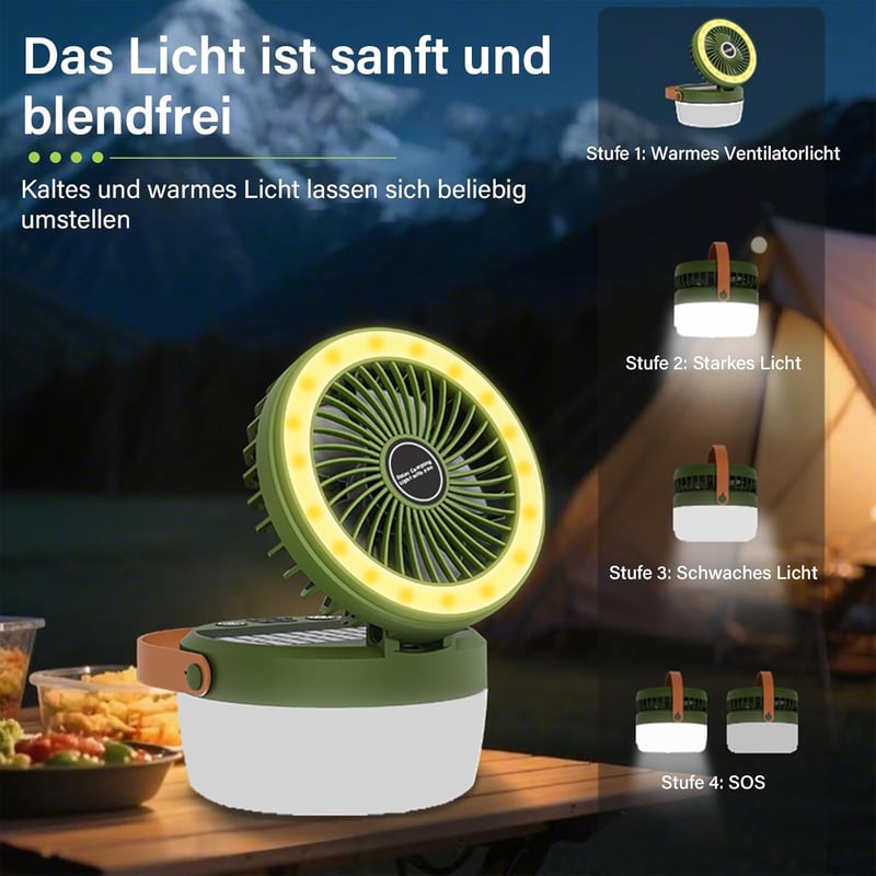 Dimmbare LED Campinglampe mit Lüfter und Solar – für Abenteuer und Notfälle