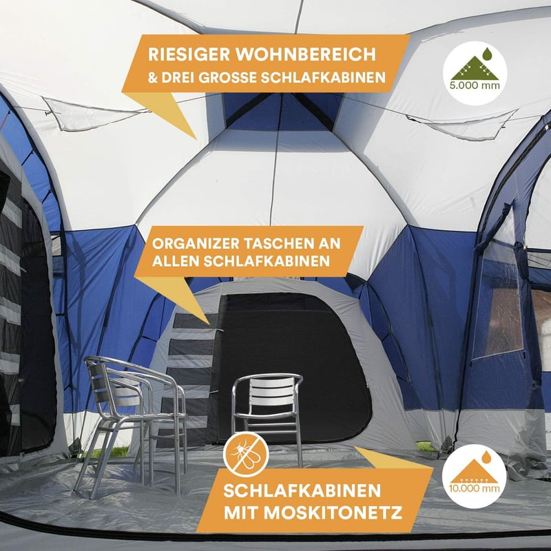 Skandika Familienzelt Nimbus für 12 Personen | Wasserdicht mit 3 Schlafkabinen, 5000 mm Wassersäule