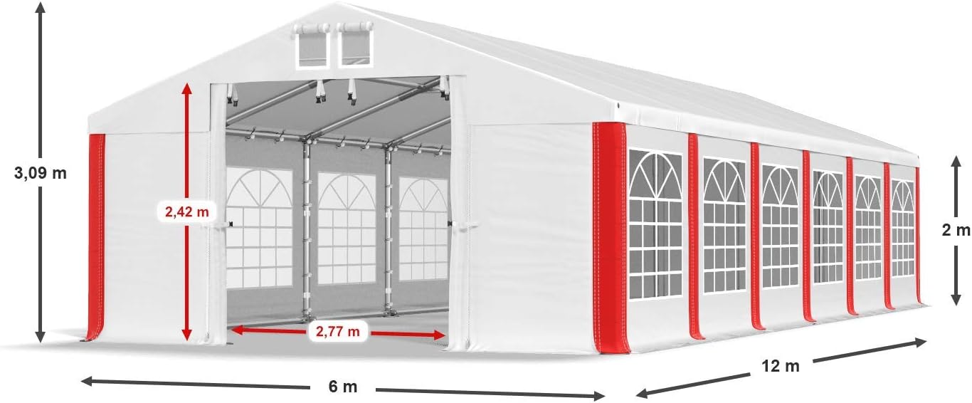 Wasserdichtes Partyzelt 6x12m aus 560g/m² PVC in Weiß-Rot