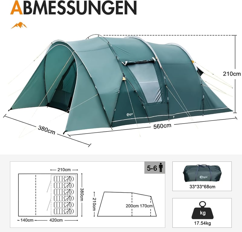 Familienzelt für 5-6 Personen, wasserdicht mit Stehhöhe und Vorzelt