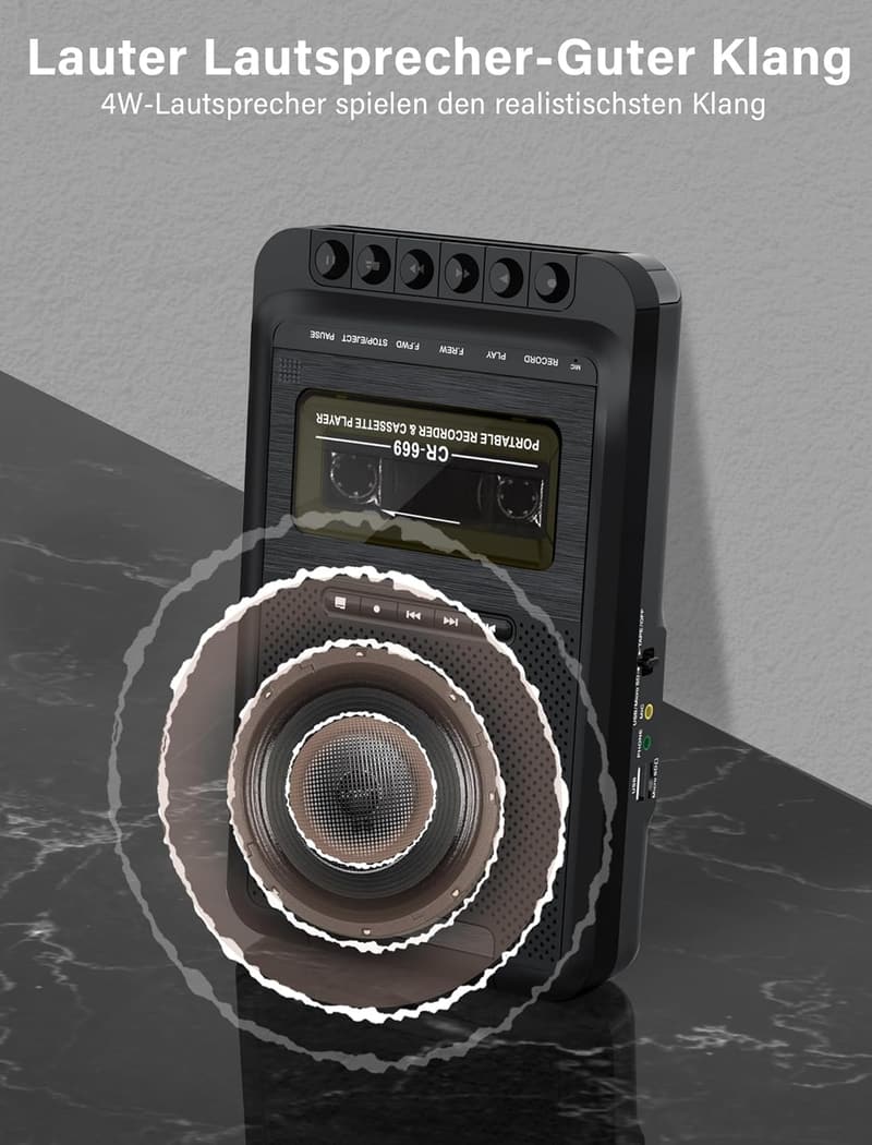 Tragbarer Kassettenrekorder mit USB/SD-Kartenaufnahme (schwarz)