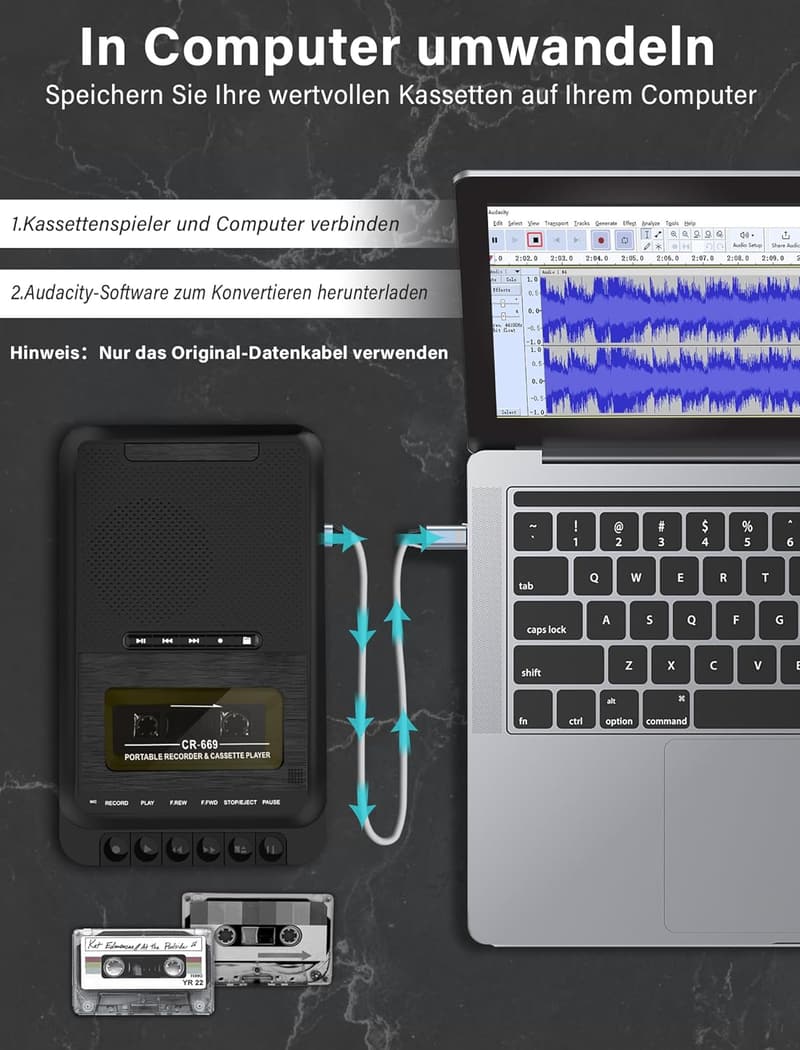 Tragbarer Kassettenrekorder mit USB/SD-Kartenaufnahme (schwarz)