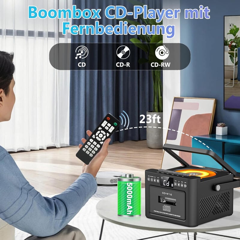 Tragbarer Greadio CD-Player mit Bluetooth, Radio und 5000mAh Akku
