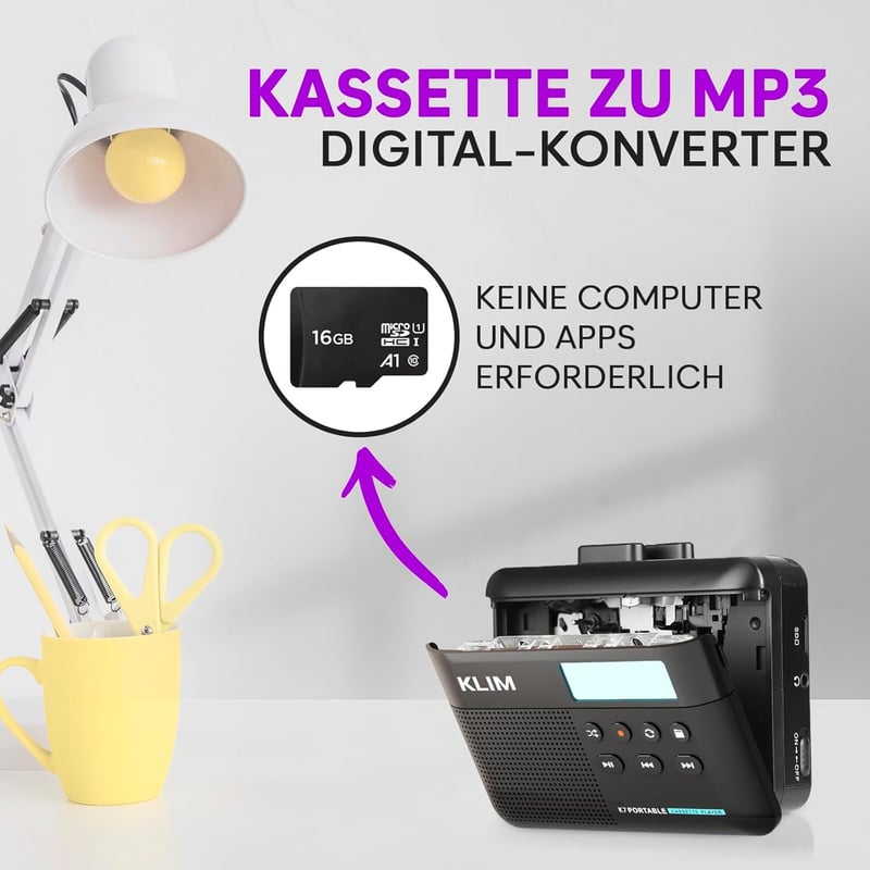 Tragbarer K7 Walkman Kassettenspieler mit Mikrofon und 16GB SD-Karte
