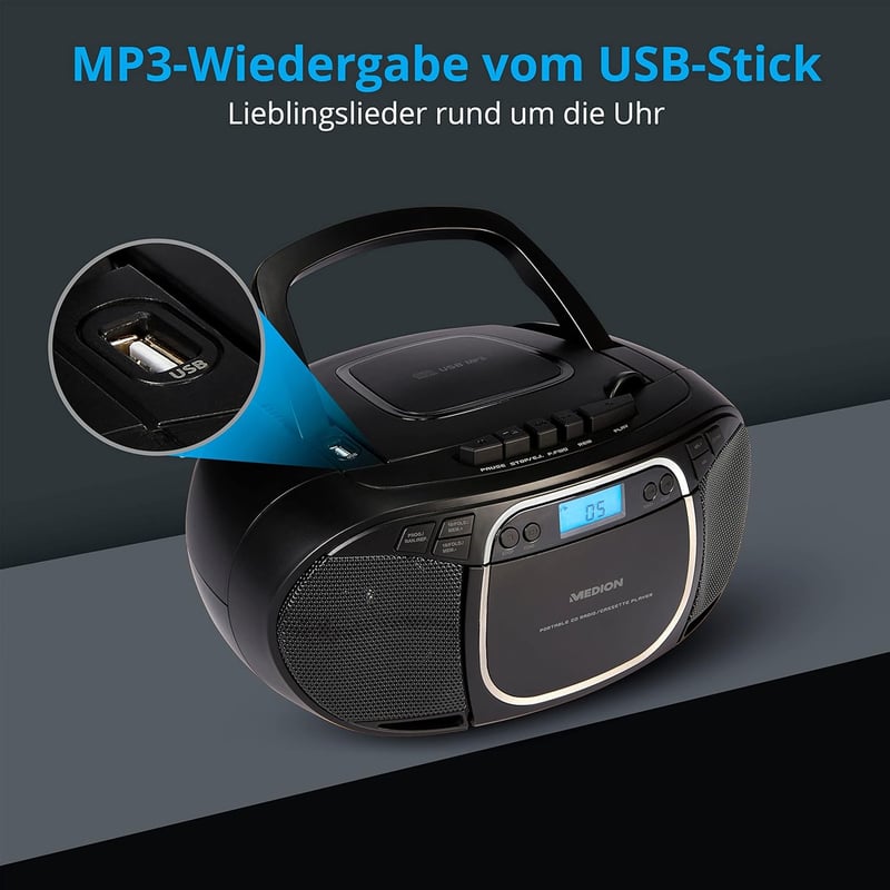 MEDION E66476 Tragbare Boombox mit CD-Player und AUX - Schwarz