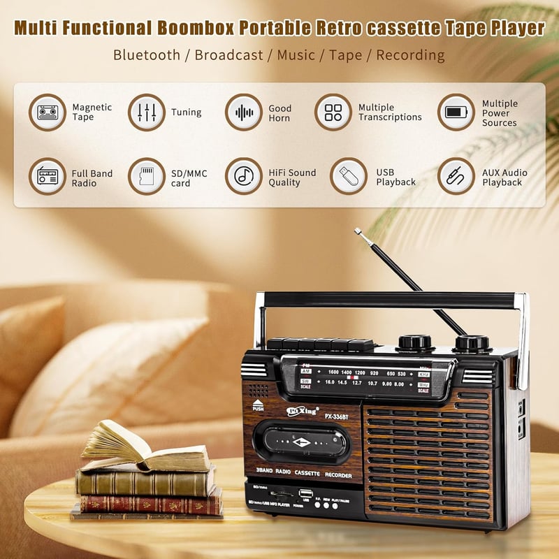Tragbarer Retro-Kassettenspieler mit AM/FM-Radio und HiFi-Sound