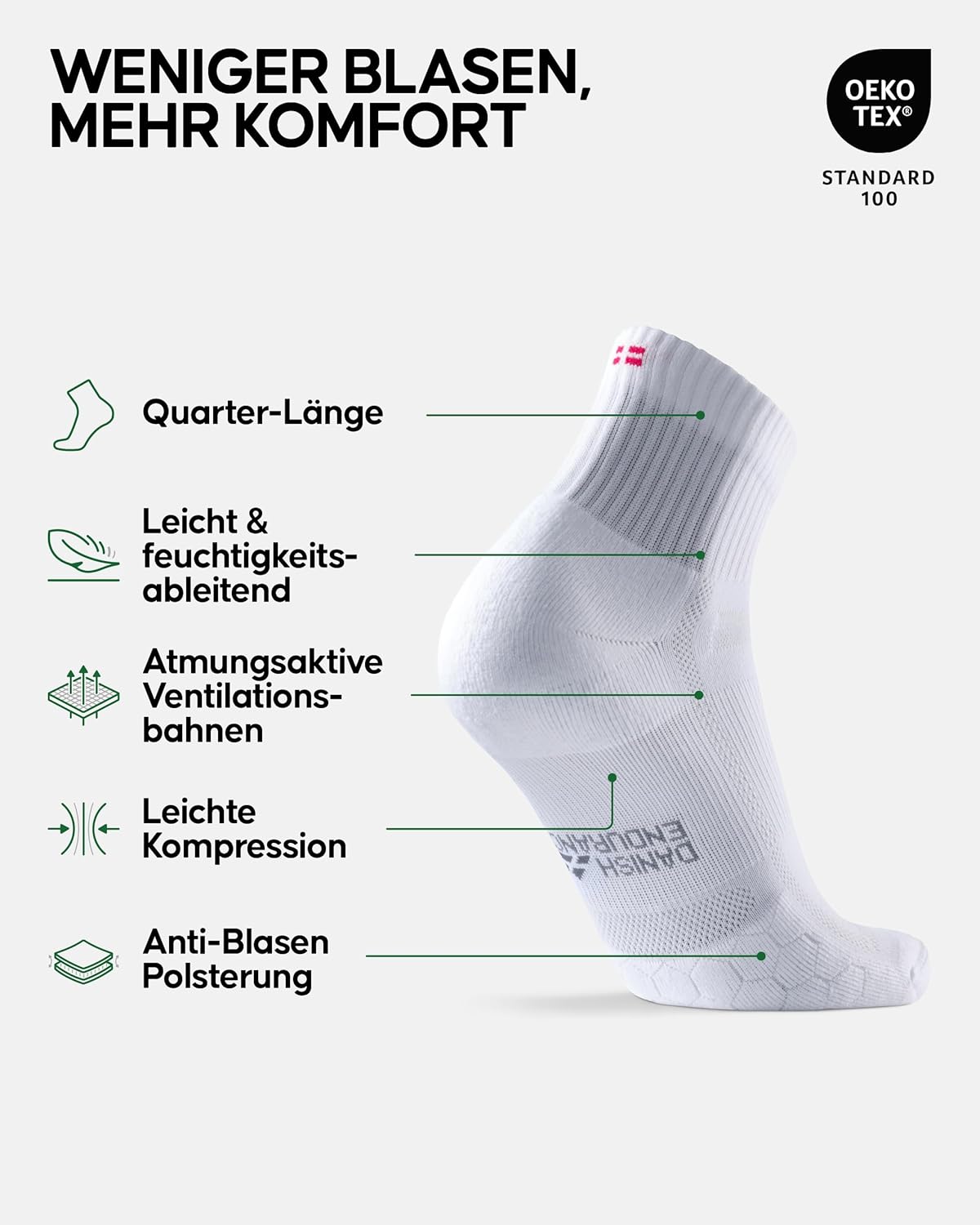 DANISH ENDURANCE Quarter Laufsocken – 3 Paar, atmungsaktiv & gepolstert