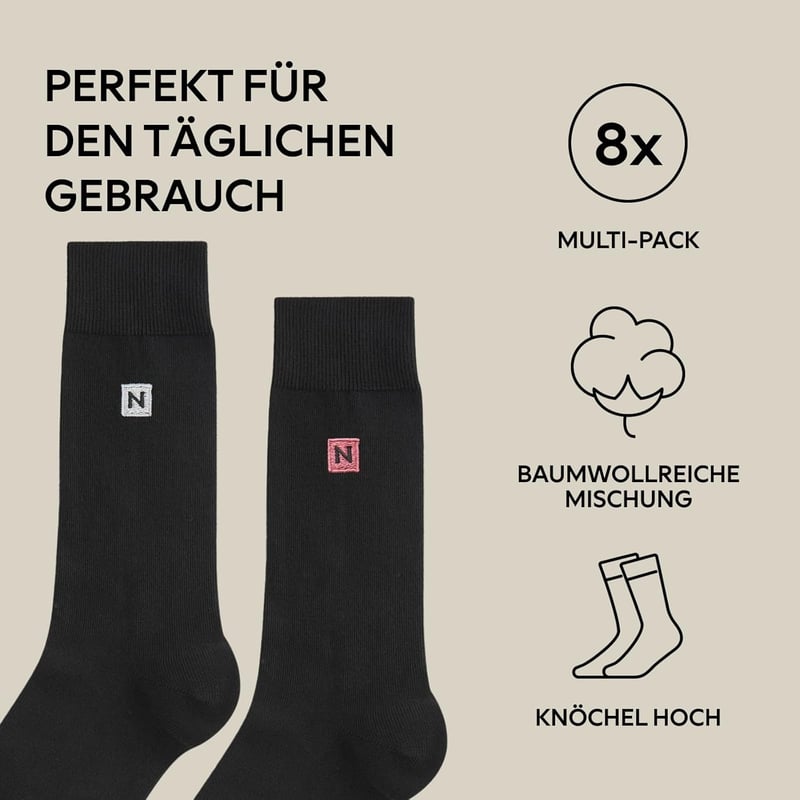 Schwarze Herrensocken mit Stickerei, 8er Pack, langlebige Frische