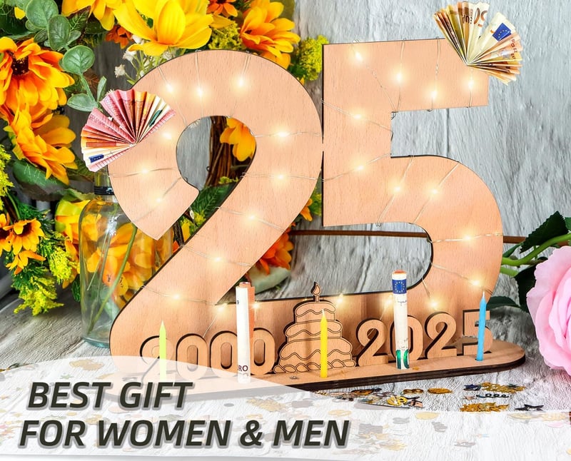 25. Geburtstag Geschenk für Frauen und Männer - Personalisierbares Holzschild mit LED-Lichterkette