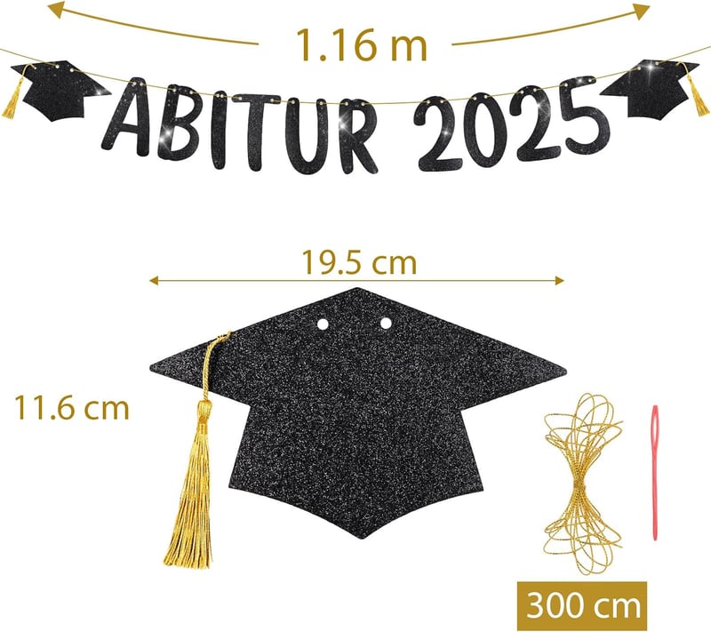 Abitur 2025 Girlande mit schwarzem Glitzer und Absolventenhut
