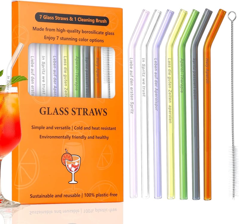 Wiederverwendbare bunte Glasstrohhalme für Aperol Spritz, 7 Stück inkl. Reinigungsbürste