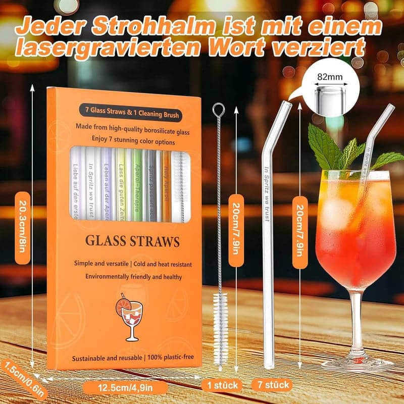 Wiederverwendbare bunte Glasstrohhalme für Aperol Spritz, 7 Stück inkl. Reinigungsbürste