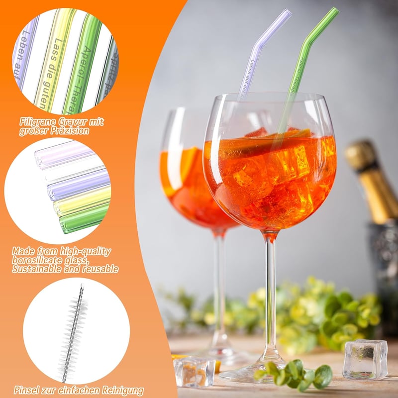 Wiederverwendbare bunte Glasstrohhalme für Aperol Spritz, 7 Stück inkl. Reinigungsbürste