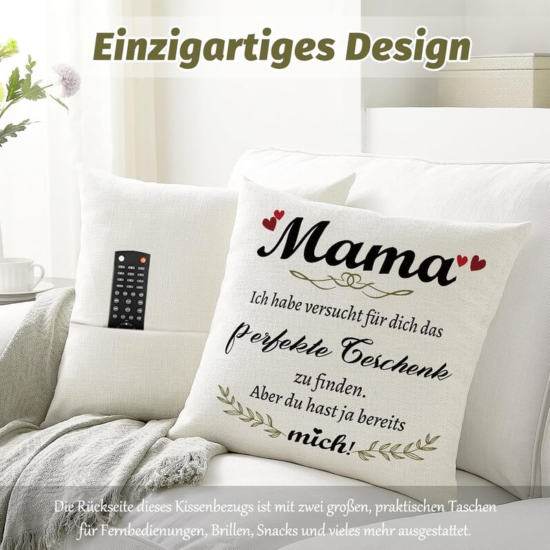 Muttertagsgeschenk: Kissenbezug 45x45 cm mit Taschen für Mama