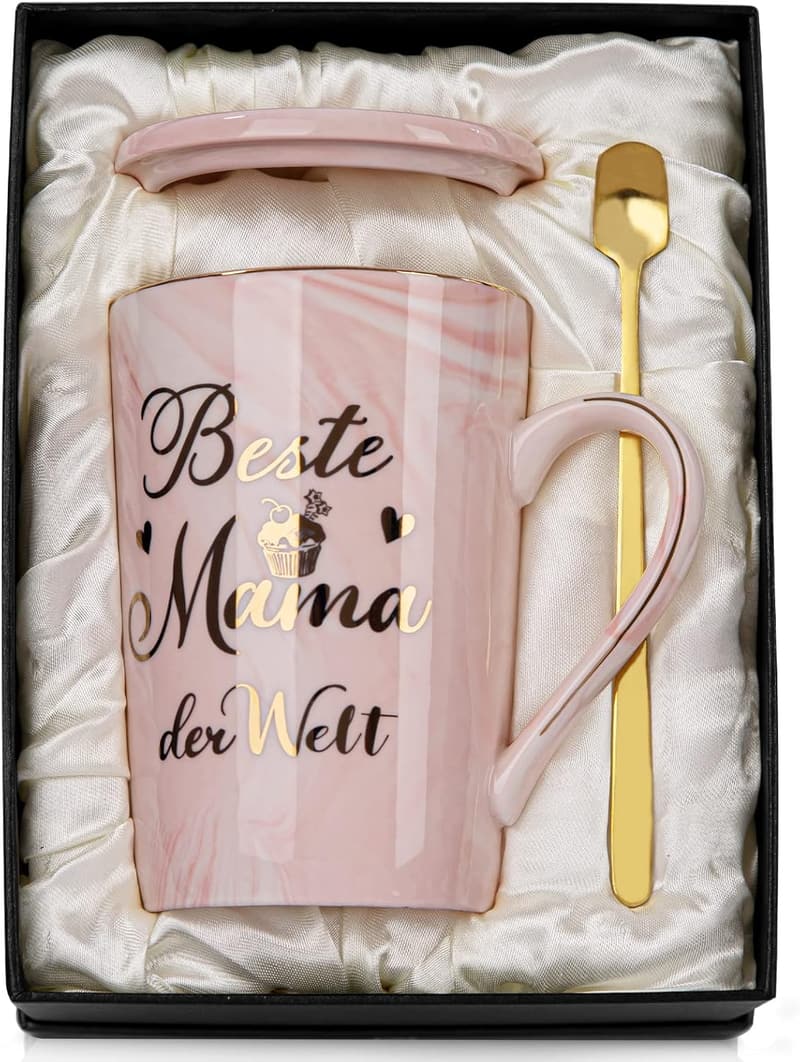 Lustige Mama Tasse mit Deckel und Löffel - 400ml Rosa Marmor für Muttertag