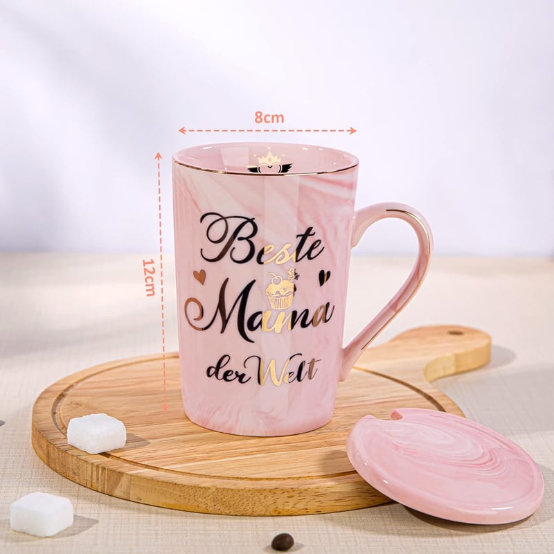 Lustige Mama Tasse mit Deckel und Löffel - 400ml Rosa Marmor für Muttertag