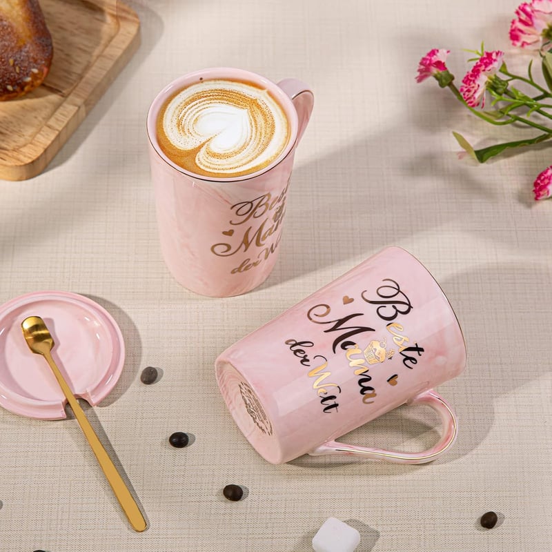 Lustige Mama Tasse mit Deckel und Löffel - 400ml Rosa Marmor für Muttertag