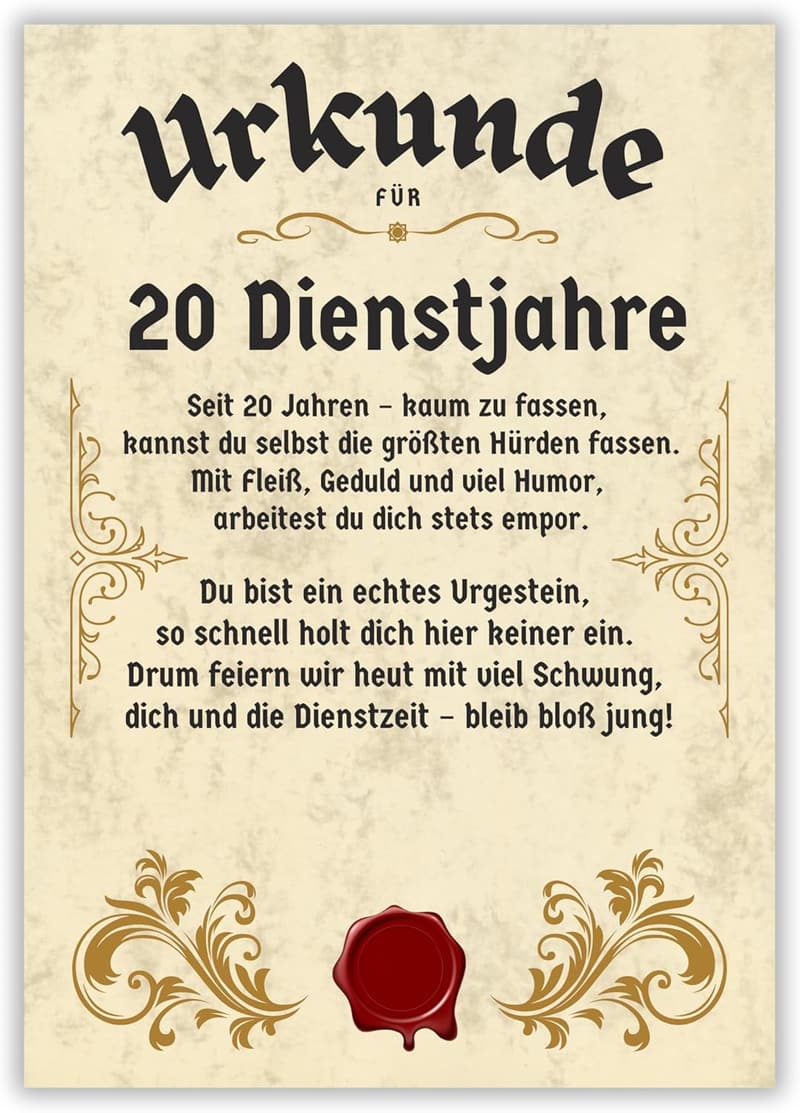 20 Jahre Dienstjubiläum Urkunde Geschenkkarte für Mitarbeiter