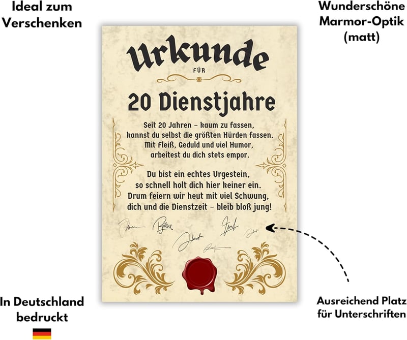 20 Jahre Dienstjubiläum Urkunde Geschenkkarte für Mitarbeiter