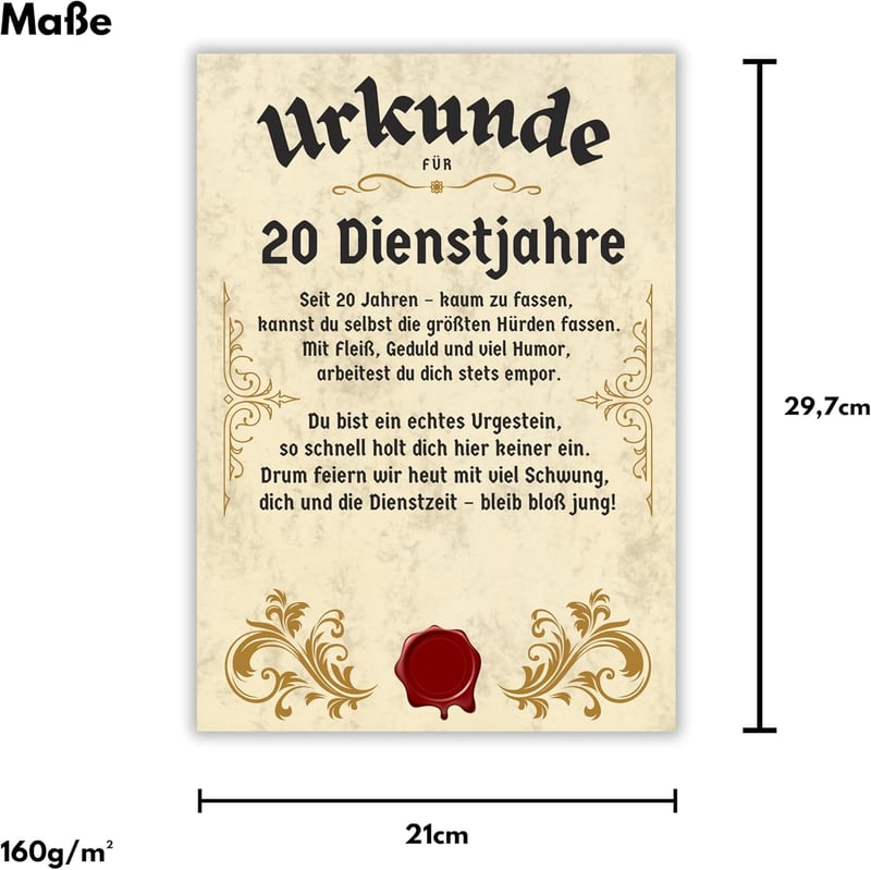 20 Jahre Dienstjubiläum Urkunde Geschenkkarte für Mitarbeiter