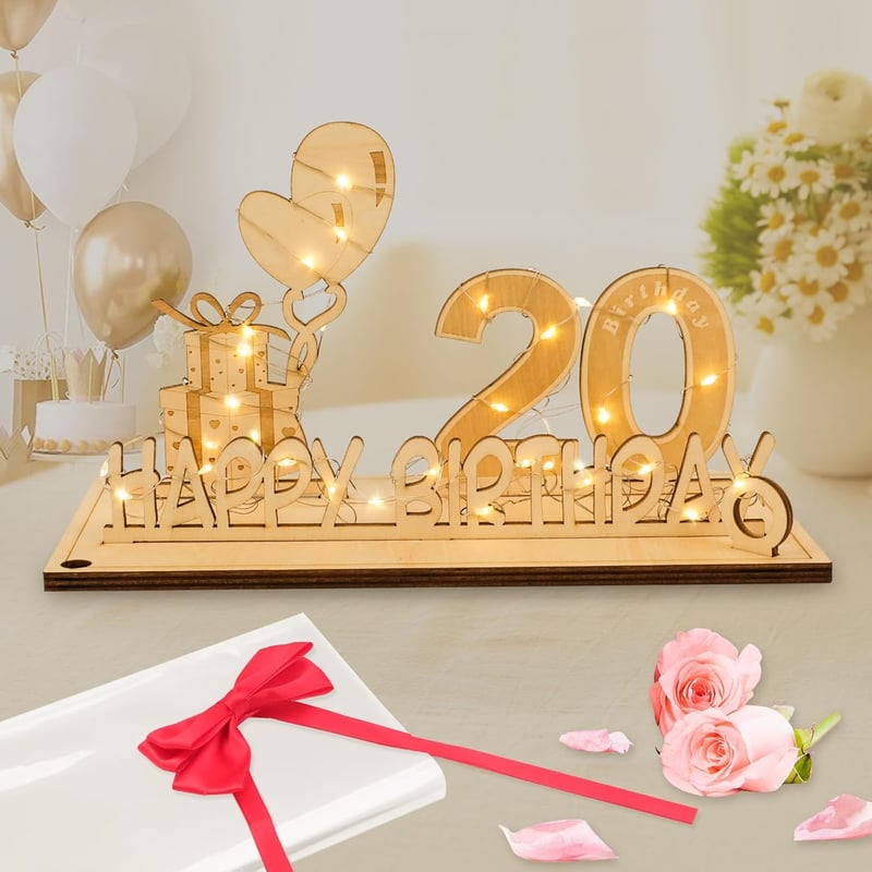 20. Geburtstag Dekoration für Männer und Frauen mit LED-Lichterkette, Fliege und Geschenkpapier