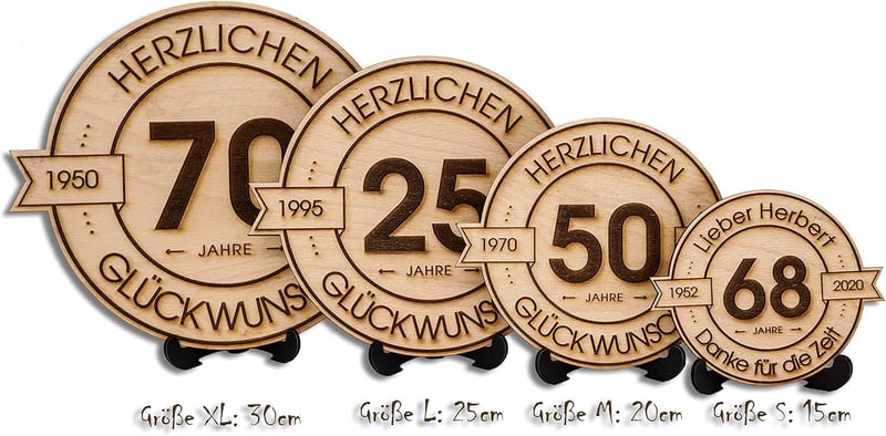 Gravierte Holzscheibe 20cm - Personalisiertes Jubiläumsgeschenk
