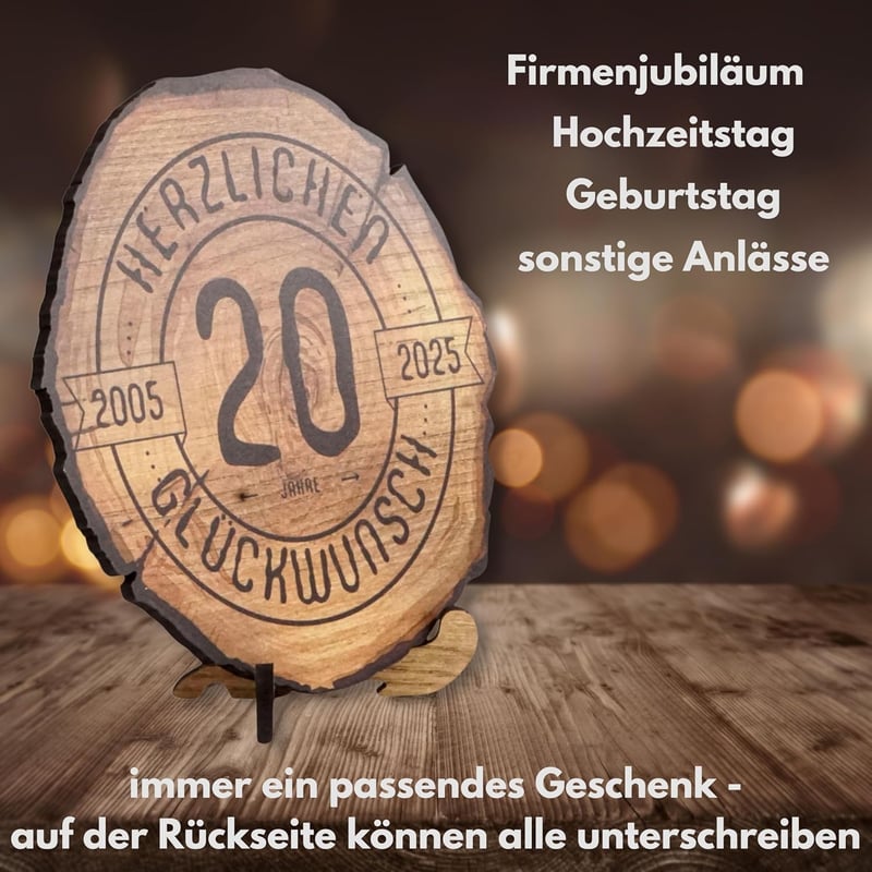 20. Jubiläumsgeschenk - Holzscheibe 20cm - Herzliche Glückwünsche